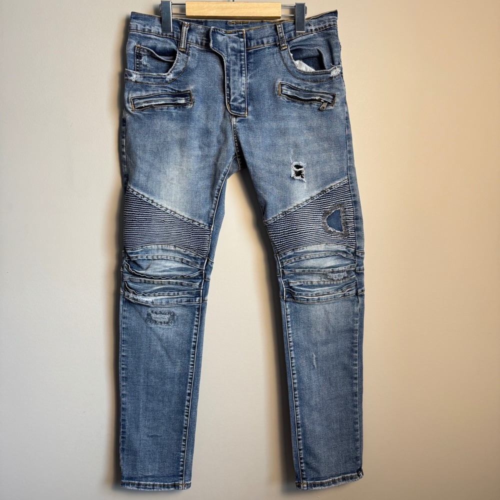 Balmain‎ Paris Mens Biker Jeans Light Wash Distressed Blue Moto Denim Streetwear
